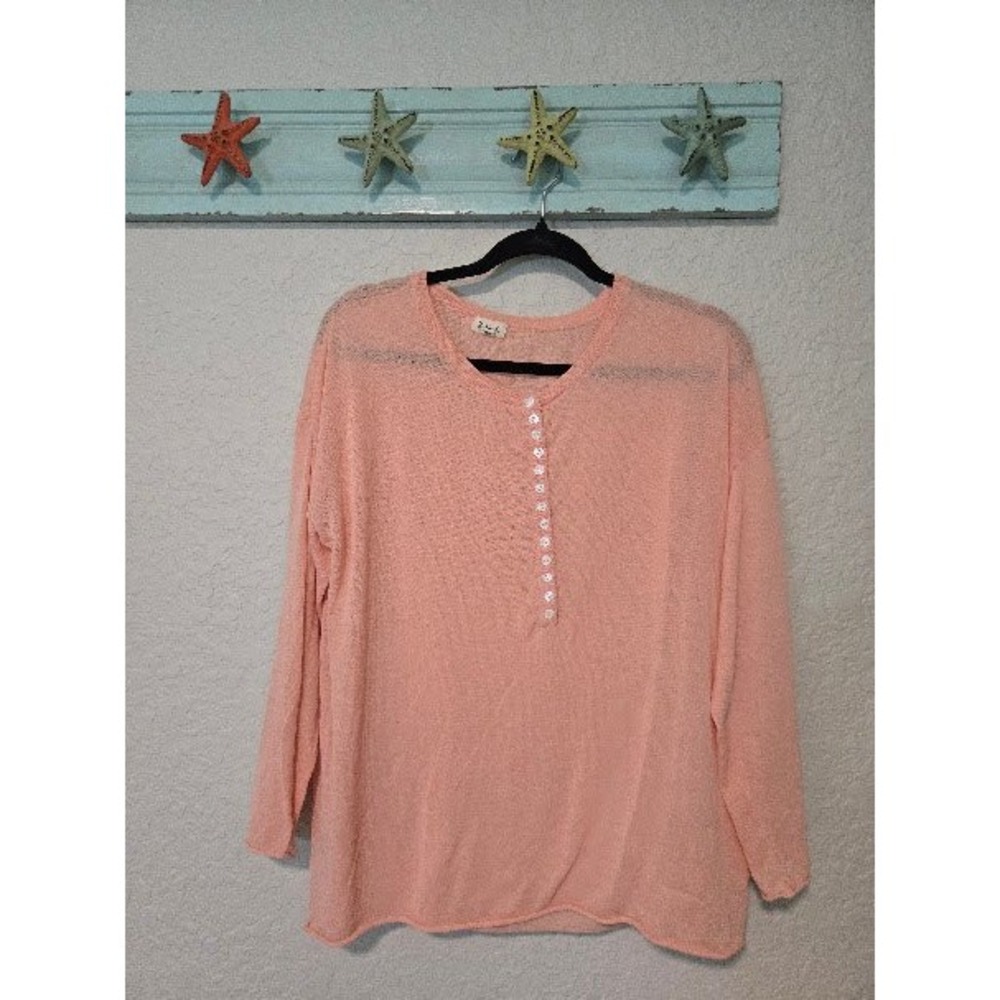 Pol Clothing Peach Coral Sheer Knit Henley Sweater Long Sleeve Boho Top Small